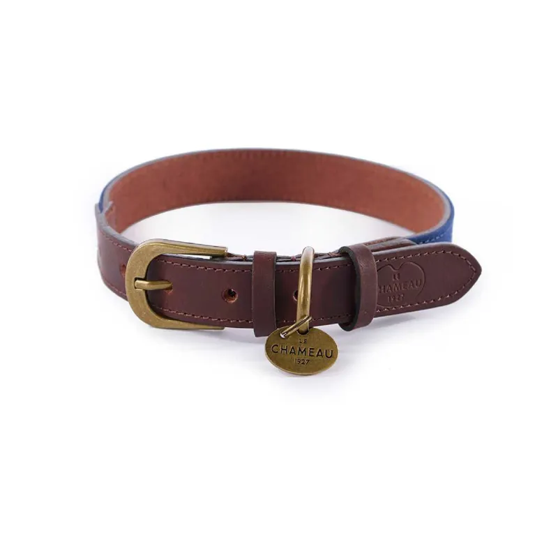 Le Chameau Waxed Cotton/Leather Dog Collar - Bleu Fonce